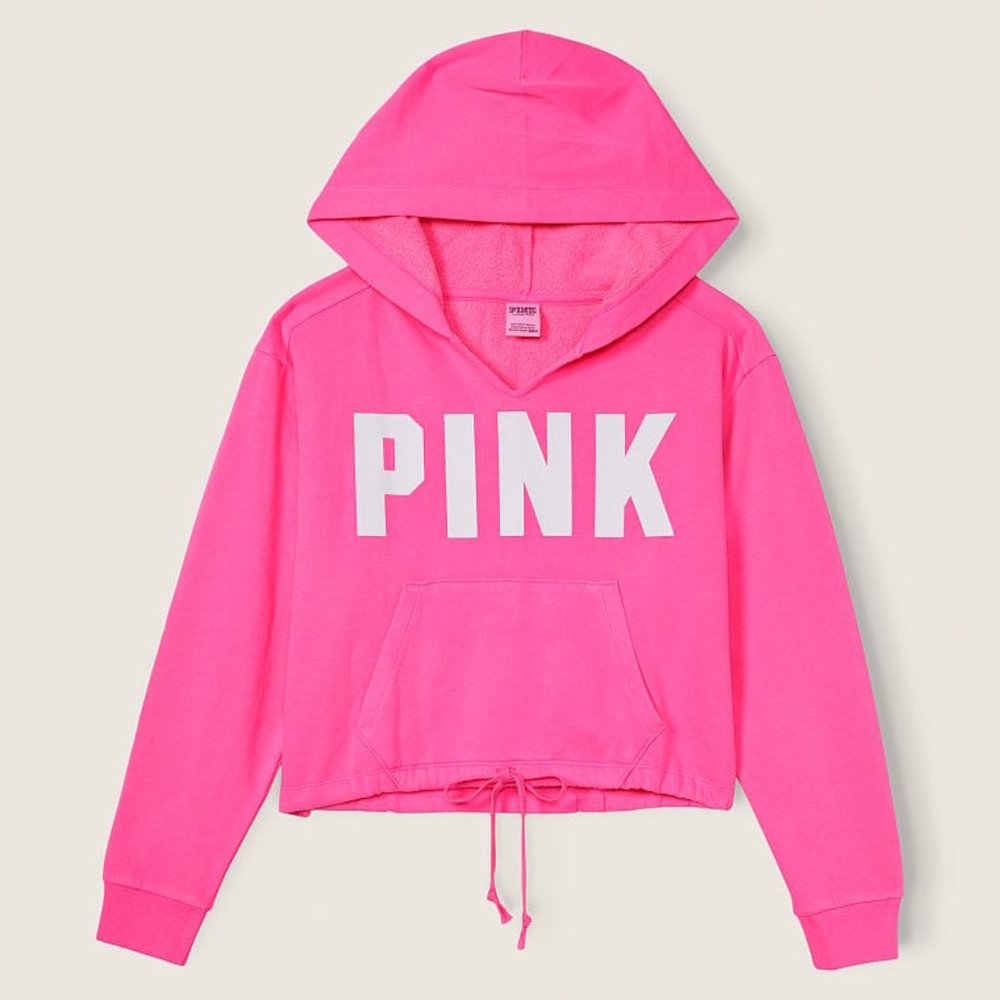 VICTORIA'S SECRET PINK FLEECE CROPPED CINCHED CAMPUS HOODIE-NWT - Picture 2 of 4